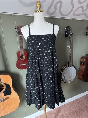 Black Printed and Tiered Spaghetti-Strap Swing Dress